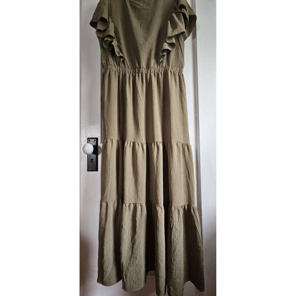 NWT SIMPLEE olive green wrap upper embroidered ruffled tiered dress maxi Sz L - Picture 3 of 9